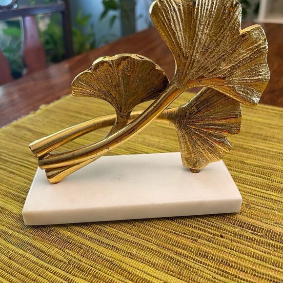 Brass Leaf Paperweight Marble Stone Base 6" - Picture 5 of 6